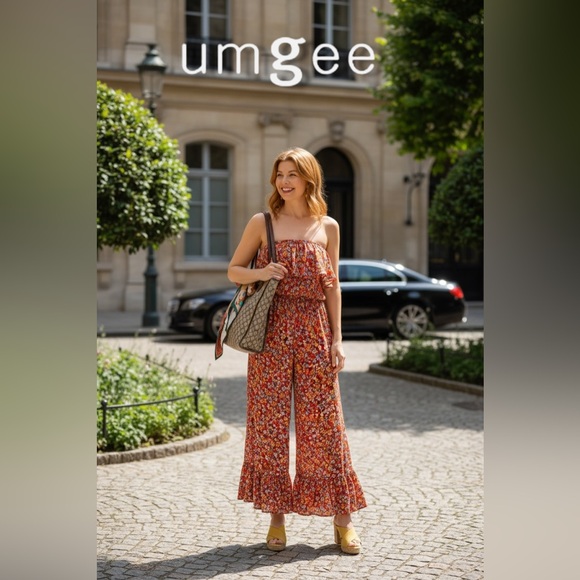 Umgee Pants - Umgee size Small Strapless Floral Wide-Leg Jumpsuit - Red Multi Cottage-Core NWT